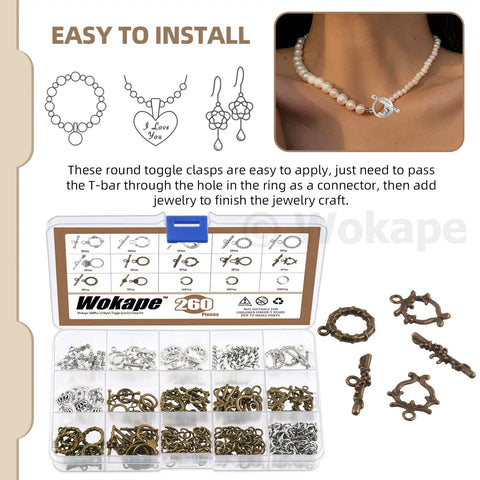 260Pcs Tibetan Alloy Toggle Clasps Kit With 200 Open Jump Rings In 12 Styles T Bar Closures IQ Toggle Fasteners For Jewelry Making Beading DIY Craft Projects And Accessories For Makers, clasp set in storage box