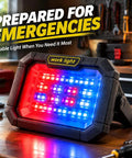 Rechargeable Camping Solar Light, Solar Work Light with red and blue LEDs, portable design on a wooden workbench.