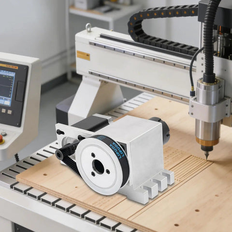 Badass 4Th Axis Rotary Cnc Kit With Hollow Shaft 57 Phase Stepper Motor on wood surface for engraving and milling tasks.