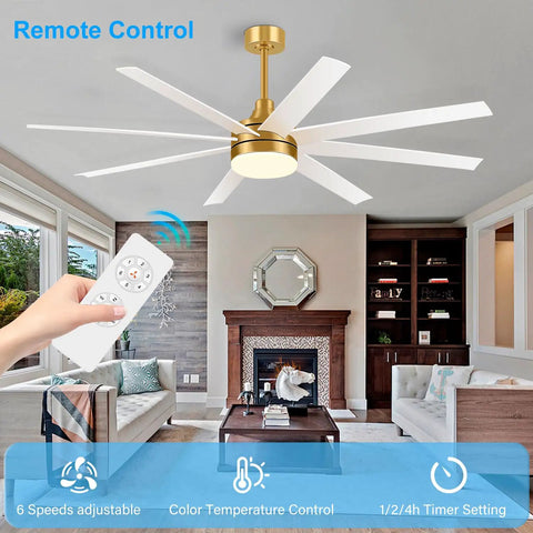 65 Inch Ceiling Fan With Lights And Remote Six Speed Settings Quiet DC Motor Eight Reversible Blades Timer Function Three Color LED Light Industrial Gold And White Finish Perfect For Big Rooms Bedroom Or Home Office in a living room.
