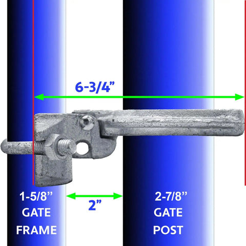 Legit Heavy Duty Galvanized Fork Latch Built Tough For One Five Eight Inch Gate Frames And Four Inch Posts On Chain Link Fences Padlock Ready Secure Your Spot Case Of Twenty Five dimensions shown on a blue background.