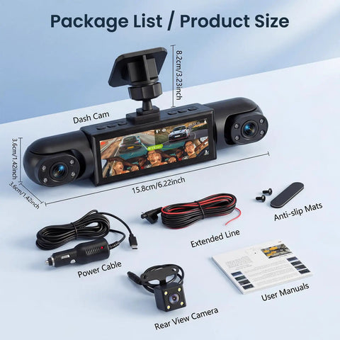 4 Channel 360 Degree Dash Cam Front Rear Interior Coverage with accessories, including power cable, user manual, and rear view camera.