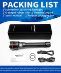 Beastly Bright 5000 Lumen Underwater Dive Light With Five Modes USB C Rechargeable IP68 Waterproof on white background with box