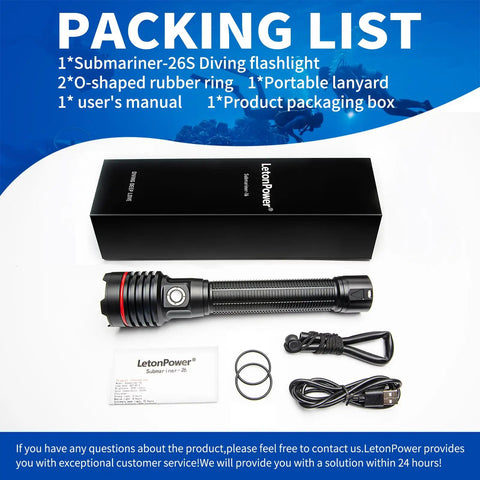 Beastly Bright 5000 Lumen Underwater Dive Light With Five Modes USB C Rechargeable IP68 Waterproof on white background with box