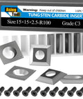 Tungsten Carbide Cutter Inserts 15x15x2.5mm R100 Blades With 4 Inch Face Radius For Woodworking Helical Planer Head DIY Wood Lathe Turning Rougher Tools 10 Pack