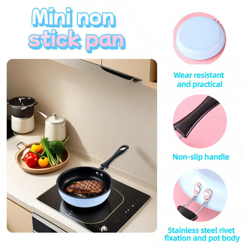4.7 Inch Mini Nonstick Egg Pan With 5 Layer Coating on induction stove with vegetables on counter