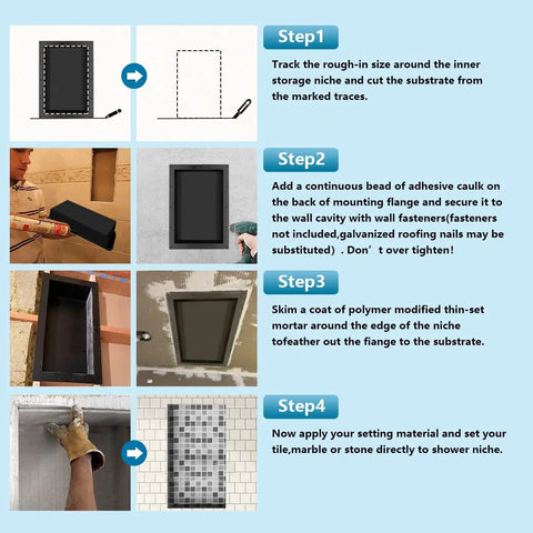 Installation steps for Tileable Shower Niche Foot Rest 16 By 8 By 4 Inches Recessed Wall Niche Insert for bathrooms