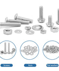 Screws, nuts and washers assortment kit, stainless steel, with case, front view