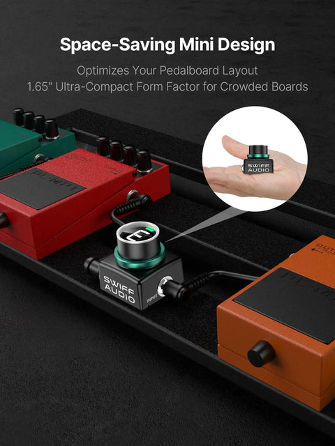 Compact Guitar Tuner Pedal With Ultra Precise Plus Or Minus 0.5 Cent Tuning on pedalboard, Mini LED Display