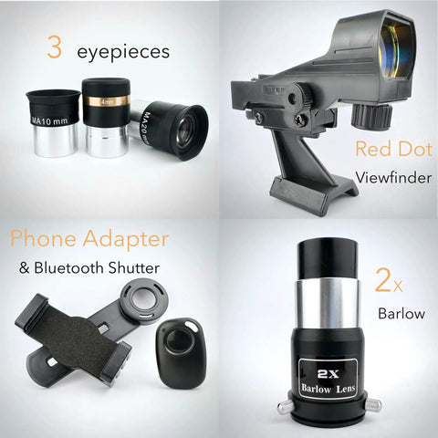 Collage showing eyepieces, red dot viewfinder, phone adapter, and 2x Barlow lens for 102mm Refractor Telescope For Beginners With Equatorial Mount Ideal For Adults And Kids Ages 8 To 12 High Clarity Optics Includes Phone Adapter And Wireless Remote Easy Setup For Home Stargazing And Astronomy Education.