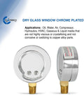 CARBO 2-1/2 in pressure gauge, chrome steel case, -30 Hg to 0-30 psi, lower mount 1/4 in NPT, two views.