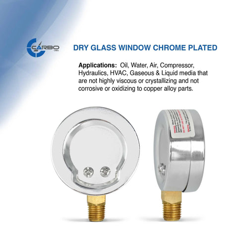 CARBO 2-1/2 in pressure gauge, chrome steel case, -30 Hg to 0-30 psi, lower mount 1/4 in NPT, two views.