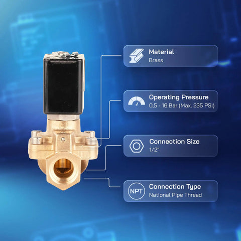 Half Inch NPT Solenoid Valve 110V AC Brass Normally Closed Control Valve For Water Air And Gas with specs overlay