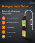 Elitech freon leak detector handheld unit with coiled hose and probe; black body with yellow control panel, front view