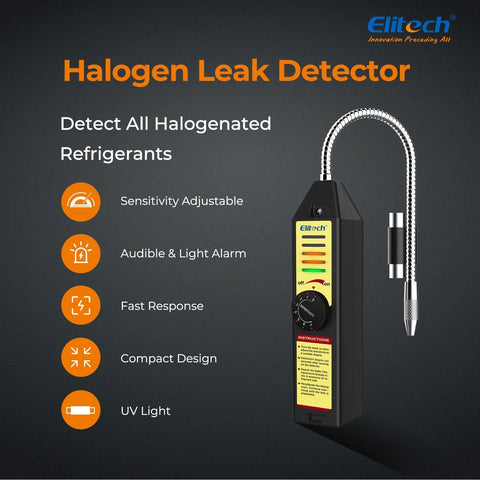 Elitech freon leak detector handheld unit with coiled hose and probe; black body with yellow control panel, front view