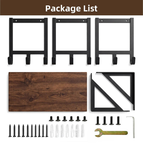 Multi Deck Skateboard Rack Wall Mount Display Hanger With Solid Wood Top Shelf and Rubber Grip Pads package list with black brackets and screws.