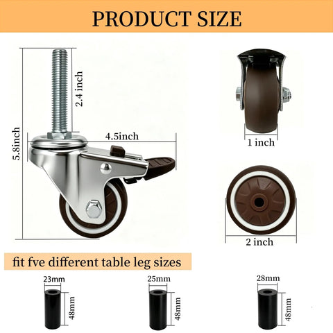 Slick Heavy Duty 2 Inch Caster Wheels Set Of 4 With Locking Expanding Stem and Quiet TPR Rubber Casters Featuring Smooth Swivel Brakes for Furniture Moving - size chart with dimensions.