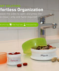 GoTubb Mini Storage Containers For Snacks And Grab And Go Travel Gear With One Hand Snap Lid, clear lids, filled with pills.