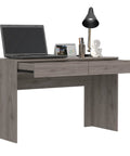 Game Changer Computer Desk With Drawers And Storage Organizer For Home Office Writing Gaming Setup, 47.3 inch grey desk with laptop.