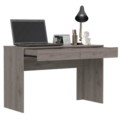 Game Changer Computer Desk With Drawers And Storage Organizer For Home Office Writing Gaming Setup, 47.3 inch grey desk with laptop.