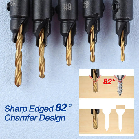 Smooth Operator Countersink Drill Bit Set For Woodworking Features Five Precision Tapered Heads With Bonus Replacement Inserts 82 Degree Chamfer design.