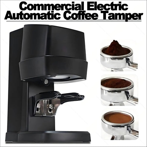 Automatic 58 MM Electric Espresso Tamper With Precision Pressure Dial And Height Adjustable Handle For No Sweat Cleanup and loaded portafilter.