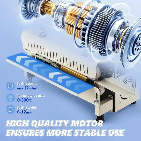 ProGrade Commercial Heat Sealer Machine With Adjustable Temperature And Speed showing motor and component details