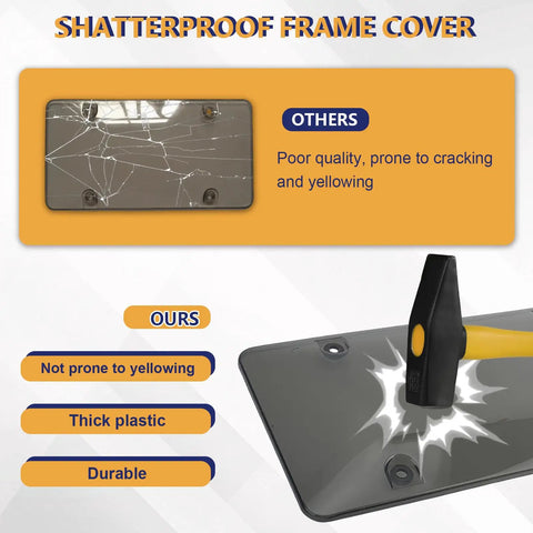 Comparison of shatterproof license plate cover vs. cracked cover with hammer impact, highlighting durability and quality.