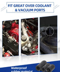 Pro Grade Assorted Rubber Vacuum Cap And Plug Kit in use on automotive engine parts with text overlay
