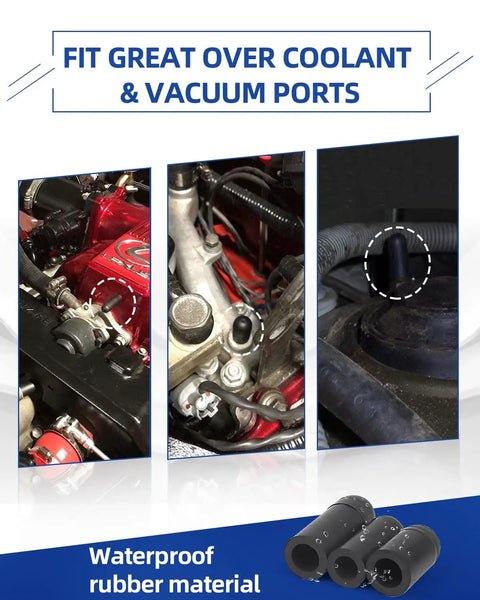 Garage Grade Vacuum Cap Kit 202 Piece Set With 8 Size Assorted Vacuum Plugs And Hose End Caps For Carburetor Manifold And Automotive Repairs keeping vacuum leaks at bay on engine components showing waterproof rubber material use.