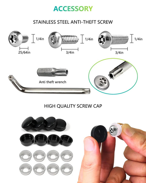 Stainless steel anti-theft screws with wrench, screw caps for Front License Plate Bracket Mounting Kit For Bumpers With Anti Theft Hardware.