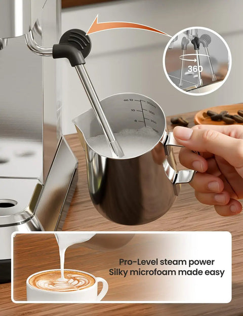 Grind Your Perfect Shot With This Compact Stainless Steel Espresso Machine Boasting 20 Bar Pressure milk frother in use with measuring jug.