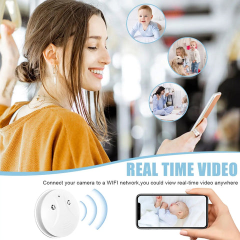 Visible Ceiling Mount Indoor WiFi Camera 1080P HD for Baby Pet Elderly Monitoring, woman watching feed on phone