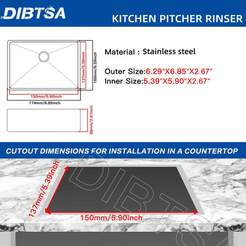 Diagram of Automatic Pitcher Rinser And Glass Cup Washer In 304 Stainless Steel with dimensions in kitchen countertop cutout.