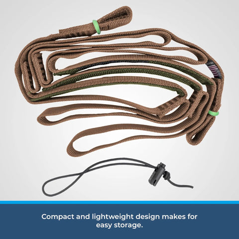 Ape Canyon Outfitters 3 Step Aider For Hunters And Arborists Lightweight Tree Climbing Tool Made In USA Coyote coiled on floor.