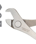 7-3/4 Inch Nut Jaw Pliers with High Leverage Parrot Jaw grips, hex round square shapes, slender nonslip grips, made in USA.