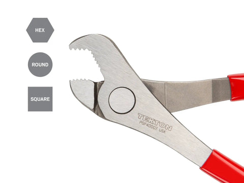 7-3/4 Inch Nut Jaw Pliers with High Leverage Parrot Jaw grips, hex round square shapes, slender nonslip grips, made in USA.