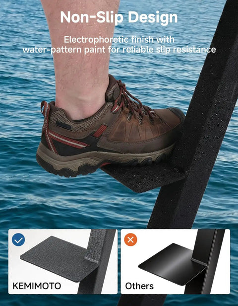 4 Step Boat Trailer Ladder With Handrail For Easy Bow Access, Heavy Duty Boarding Platform, Universal Fit For Bass Boats, Pontoon And Aluminum Trailers, Non Slip Treads, Rust Resistant, Black, close-up of non-slip step