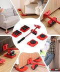 Heavy Duty Furniture Lift Mover Tool Set With Adjustable Height Lever And Four Wheel Dolly Sliders For Moving Heavy Furniture And Appliances, Durable Steel Construction, Red Finish, Back Saver, One Set viewed from various angles including close-up and installed in furniture moving scenarios.