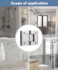 Top Shelf 304 Stainless Steel Glass Door Hinges Two Pack Bright Silver showcased in various bathroom settings, highlighting usage.