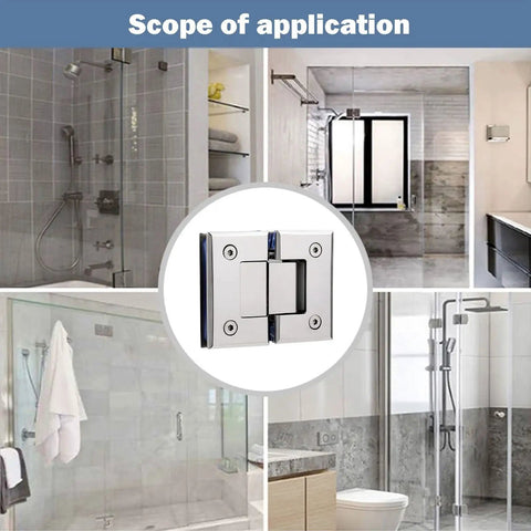 Top Shelf 304 Stainless Steel Glass Door Hinges Two Pack Bright Silver showcased in various bathroom settings, highlighting usage.