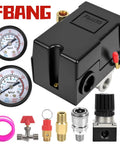 Air Compressor Pressure Switch With Regulator and Gauge, 90 to 120 PSI Switch, featuring installation components and gauges.