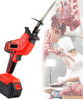 Compact Cordless Reciprocating Saw Kit With Two Batteries And Fast Blades, Built Tough Copper Motor, One Handed Grip For Pruning, Wood, Plastic, And Bone That Delivers Clean Cuts Without Breaking A Sweat Or Dropping Torque On The Trail next to hanging meat in a butcher shop.