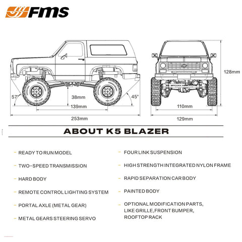 Technical diagram of Two In One 1/24 Scale RC Crawler Chevy K5 Blazer Licensed Off Road 4x4 With LED Lights Brown specifications
