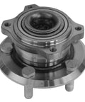Front view of a Beefed Up Wheel Bearing And Hub Assembly For 2011 To 2023 Chrysler 300, 2016 To 2023 Dodge Charger, And 2019 To 2023 Challenger AWD Replacement Direct Fit And Heavy Duty Design For Road Ready Performance And Smooth Operation showing metal structure.
