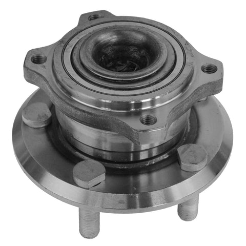 Front view of a Beefed Up Wheel Bearing And Hub Assembly For 2011 To 2023 Chrysler 300, 2016 To 2023 Dodge Charger, And 2019 To 2023 Challenger AWD Replacement Direct Fit And Heavy Duty Design For Road Ready Performance And Smooth Operation showing metal structure.