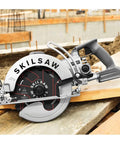 Professional Grade Hardcore 15 Amp Worm Drive Circular Saw With 8 1/4 Inch Blade on wood for construction cuts.