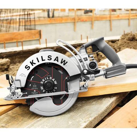 Professional Grade Hardcore 15 Amp Worm Drive Circular Saw With 8 1/4 Inch Blade on wood for construction cuts.