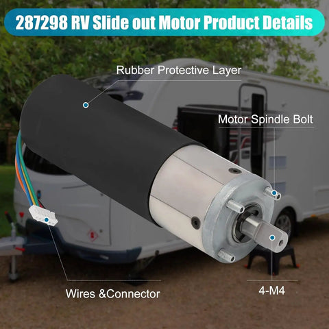 Close-up of Two Pack 287298 RV In Wall Slide Out Motor showing spindle bolt, wires, and rubber layer for Lippert Schwintek system