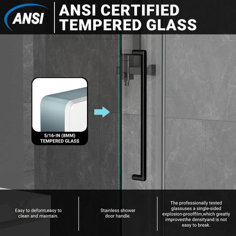 60 Inch Wide Frameless Sliding Shower Door with Sealing Strips and Waterproof Handle, 5/16 Inch 8mm Clear Tempered Glass